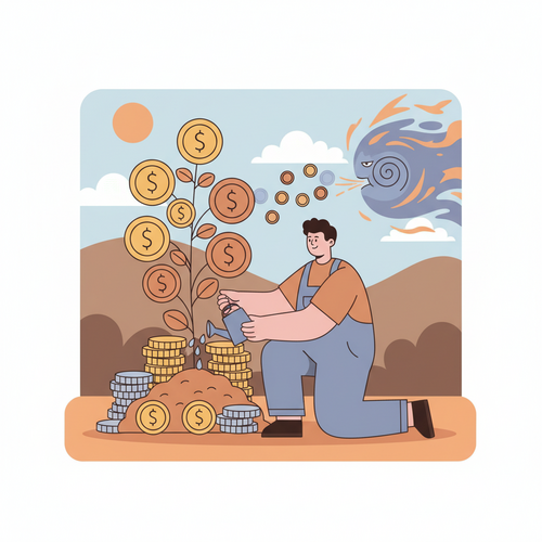 A flat design illustration depicting a person tending to a growing stack of coins, representing a 6-month emergency fund, while a stylized, transparent "inflation" force tries to shrink it, emphasizing the challenge of building a 6-month emergency fund in a high-inflation economy.