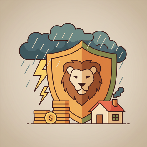 A strong shield protecting a house and coins from storm clouds, symbolizing a recession-proof emergency fund and financial security.