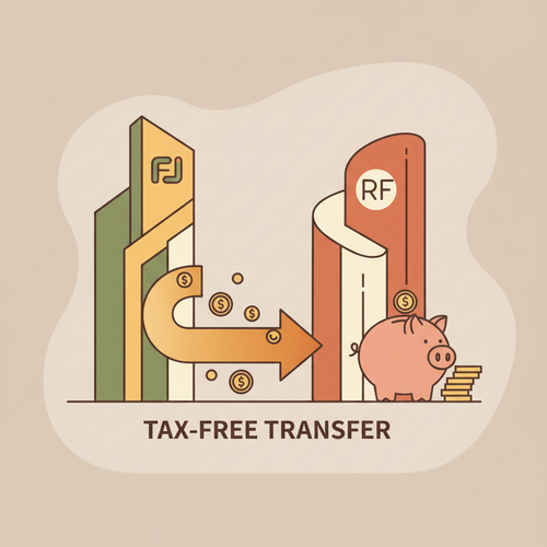 Illustration of a seamless 401(k) rollover, showing funds transferring directly between financial institutions without tax penalties.