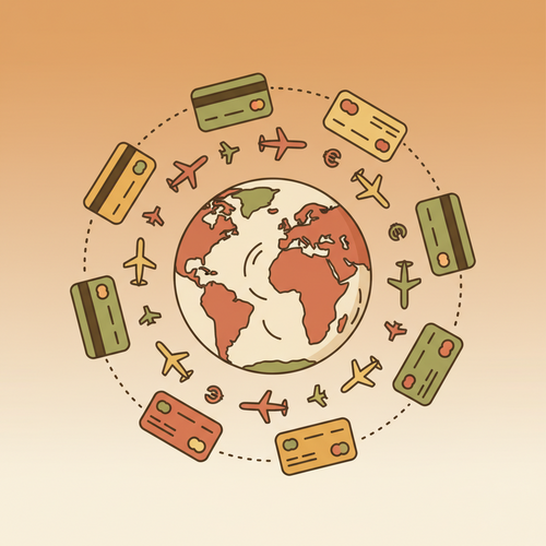An illustration depicting how to maximize airline miles for international business class flights, showing credit cards, airplanes, and a globe.