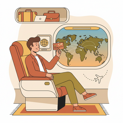 Illustration of a person in business class seat holding a credit card, symbolizing how to maximize travel rewards.