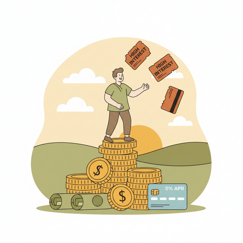 Illustration of a person successfully using balance transfer cards to eliminate high-interest debt, symbolizing financial freedom and smart money management.