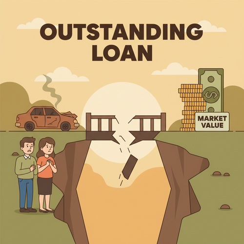 Illustration showing a broken car and a significant financial gap between its actual cash value and the outstanding loan balance, symbolizing why gap insurance is worth it for new car buyers.