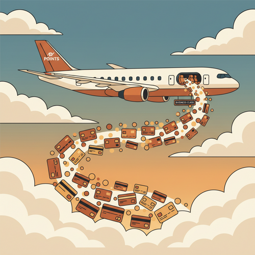 Illustration of credit cards transforming into points and swirling around a business class airplane, symbolizing maximizing credit card points for premium travel.