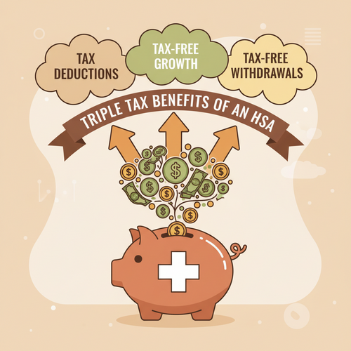 Illustration of a piggy bank with a medical cross and growing money, representing the triple tax benefits of Maximizing Your Health Savings Account (HSA).