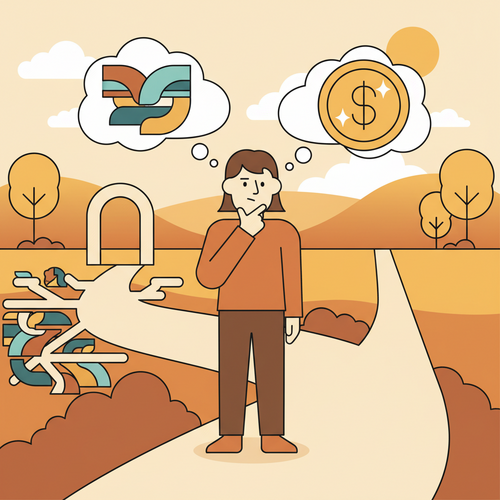 Illustration showing a person navigating paths for mental health coverage and out-of-pocket costs with insurance and money symbols.