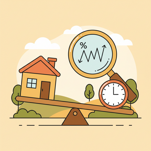 A conceptual illustration showing a homeowner carefully considering the Mortgage Rate Forecast 2026, weighing current mortgage terms against future interest rate predictions for refinancing decisions.