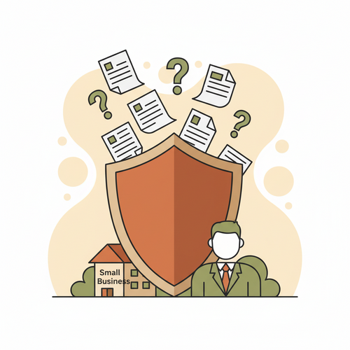 A cartoon illustration depicting a professional liability insurance shield protecting a small business from legal claims and financial risks.