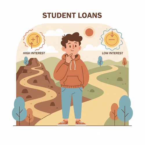 Flat design illustration of a person contemplating two paths for student loan refinancing. One path is steep with high interest, the other smooth with low interest, representing the decision-making process for student loan refinancing.