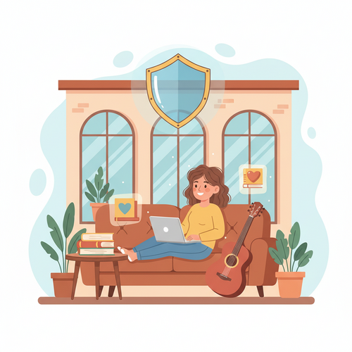 A flat design illustration of a cozy apartment interior with a happy renter. Various personal belongings like a laptop, books, and plants are visible. A glowing shield symbolizes the protection offered by Renter's Insurance. The colors are warm and muted, in a clean cartoon style.