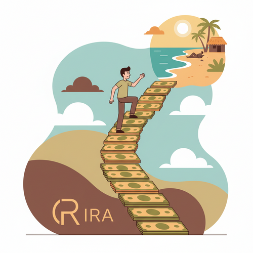 Illustration of a Roth IRA Conversion Ladder, depicting a person climbing steps of money to reach early retirement, symbolizing financial independence.
