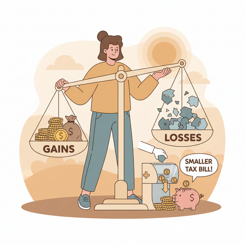 Illustration of tax-loss harvesting, showing an investor balancing gains and losses to reduce tax burden.