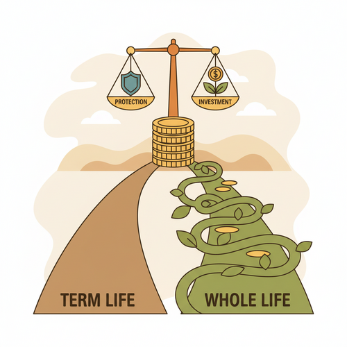 An illustration comparing the financial paths of Term Life vs Whole Life Insurance for wealth building.