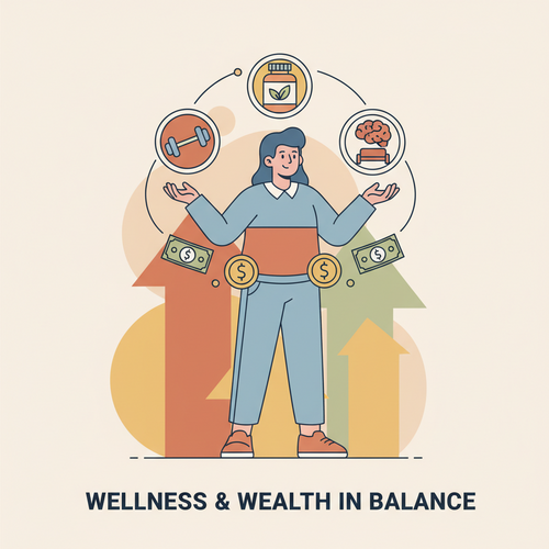 A flat design illustration of a person juggling symbols representing physical fitness (gym icon), nutrition (supplement bottle), and mental health (brain icon) with coins or budget symbols, illustrating the concept of budgeting for wellness. The style is cartoonish with clean lines, warm earth tones, and soft blues.