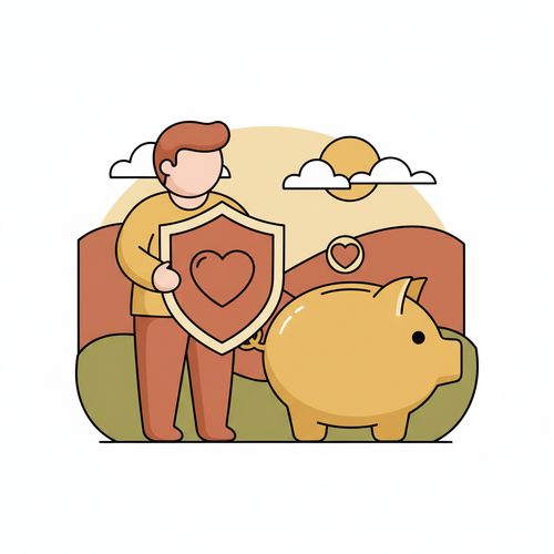 Flat design illustration of a person protecting a piggy bank with a shield, representing the financial ROI of preventative health screenings.