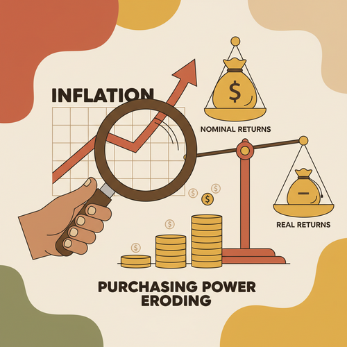 Illustration showing the impact of inflation on real interest rates, with money losing value against rising prices.
