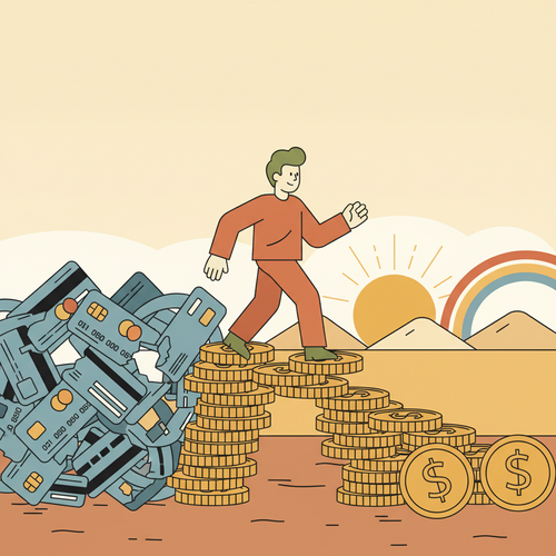 Illustration of a person using 0% APR balance transfer cards to eliminate credit card debt and achieve financial freedom.