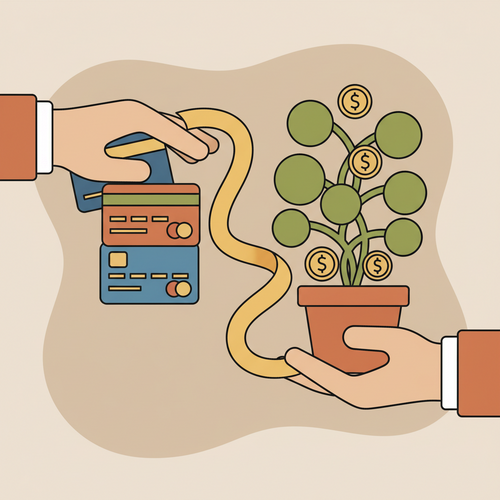 Illustration of hands holding business credit cards and a money plant, symbolizing business credit cards for maximizing cash flow and rewards