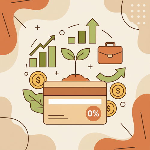 A flat design illustration depicting a green seedling sprouting from a business credit card with '0% APR' visible, symbolizing the growth and financial opportunity for startups using these cards.