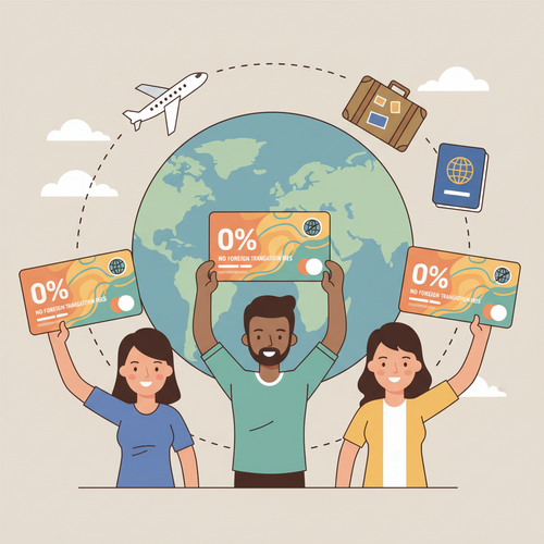 A flat design illustration of diverse cartoon people holding up travel credit cards, with a stylized world map and travel icons in the background, representing travel credit cards with no foreign transaction fees for 2026.