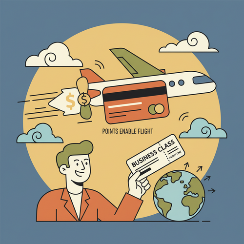 Illustration of travel hacking to fly Business Class for Free Using Points, showing an airplane fueled by a credit card.