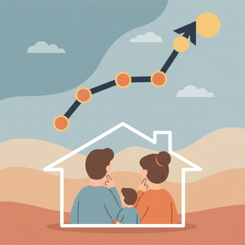 Flat design illustration of a line graph with several colorful dots representing the Fed Dot Plot. Below the graph, a family is inside a house outline, looking up at the graph. The image conveys understanding the Fed Dot Plot and its impact on mortgage rates in a friendly, approachable cartoon style.