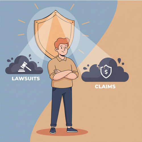 A flat design illustration of a freelancer standing confidently under a protective shield, symbolizing freelancer liability insurance. Dark clouds representing risks are kept away by the shield, highlighting protection for their business.