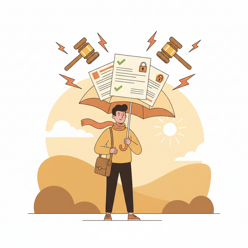 Flat design illustration of a freelancer shielded by professional liability insurance, protecting against legal risks and claims.