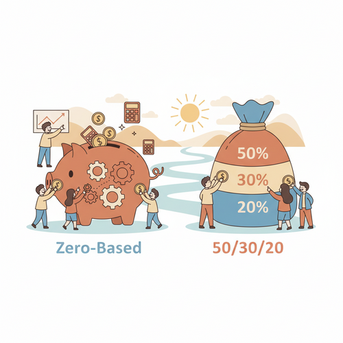 An illustration in flat design contrasting two budgeting methods: Zero-Based Budgeting and the 50/30/20 Rule. It shows symbolic representations of both, with people managing their finances, representing the comparison of Zero-Based Budgeting vs 50/30/20 Rule for wealth building.