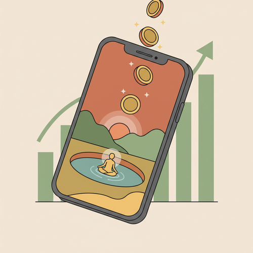 Illustration showing a smartphone with a meditation scene, coins falling into it, representing mental health app subscriptions worth as an investment in well-being.