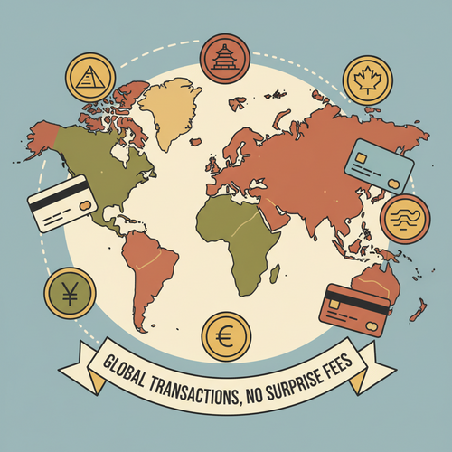 Illustration showing a credit card swiping, money exchange symbols, and a traveler thoughtfully making a payment choice, emphasizing avoiding Dynamic Currency Conversion fees.
