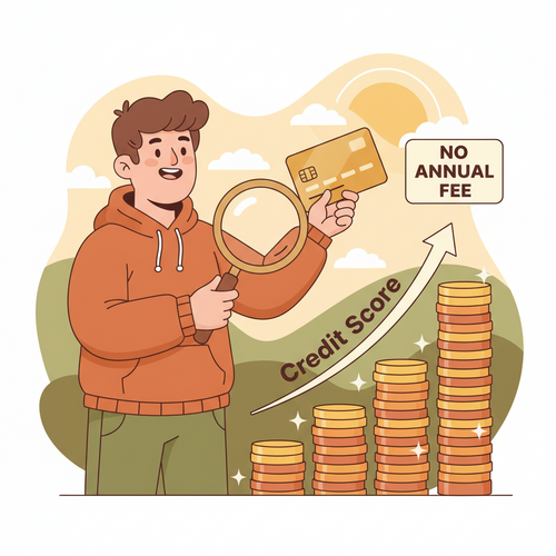 Flat design illustration showing a student successfully managing finances with a credit card, building a strong credit history, with a "no annual fee" symbol, representing the focus keyphrase: Student Credit Cards No Annual Fee.