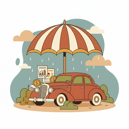Flat design illustration of a classic car protected by an umbrella, surrounded by coins and documents, representing classic car insurance and financial security.