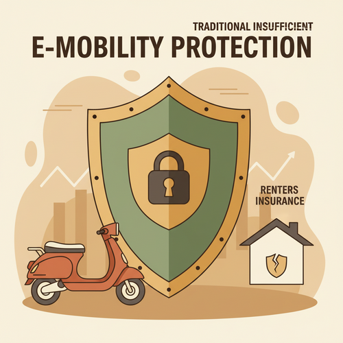 A cartoon illustration showing an e-bike and scooter covered by a strong shield, symbolizing robust E-Bike and Scooter Insurance, contrasting with a smaller, less effective house icon representing standard renters insurance.