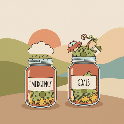 Illustration showing two distinct savings concepts: an emergency fund jar for unexpected events and a sinking fund jar for planned goals, highlighting the difference between emergency fund vs sinking funds.