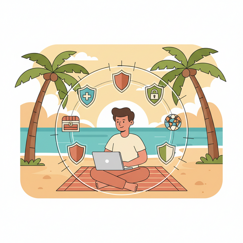 A flat design illustration of a digital nomad working on a laptop on a beach, protected by various insurance symbols. The image represents essential travel insurance features for digital nomads.