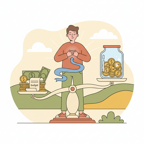 A flat design illustration of a person calmly balancing financial elements, symbolizing how financial wellness and money management reduce anxiety.