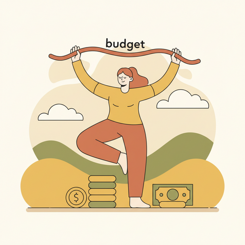 Flat design illustration of a person practicing financial Yoga, gently stretching their budget line, symbolizing reducing money anxiety.