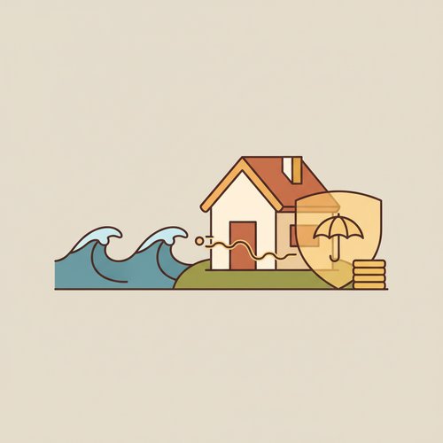 Illustration depicting a house being protected from water damage by a separate flood insurance homeowner policy, emphasizing financial security.