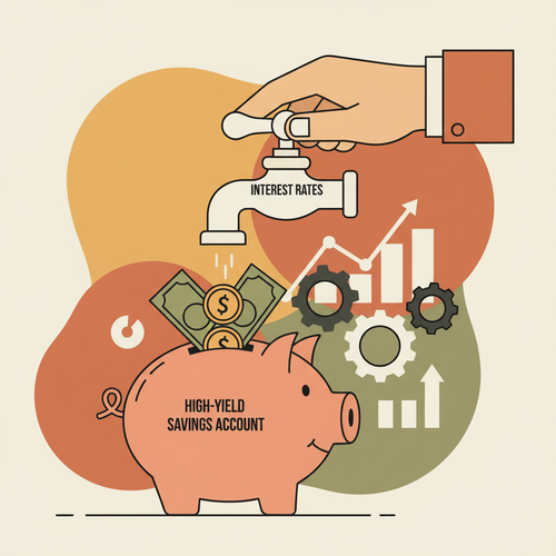 Flat design illustration showing Federal Reserve rate cuts affecting a high-yield savings account, with a hand adjusting interest rates flowing to a piggy bank.