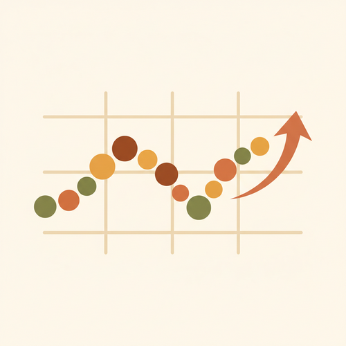 Flat design illustration showing the Fed's Dot Plot with various dots representing interest rate projections for different years, symbolizing the Federal Reserve's economic forecast.