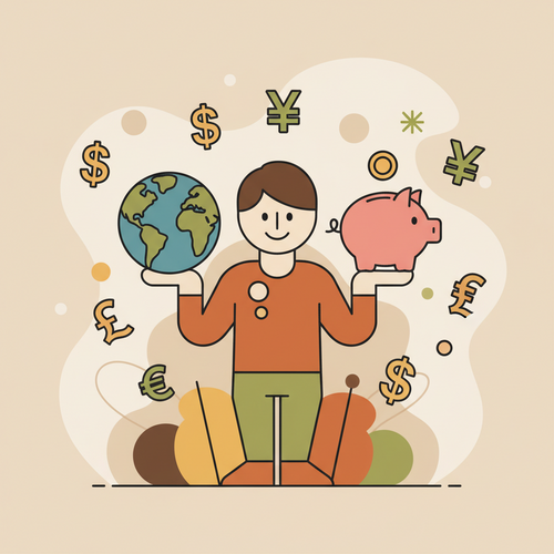 A person holding a world globe and a piggy bank, surrounded by currency symbols, symbolizing budgeting for a gap year and managing finances abroad.