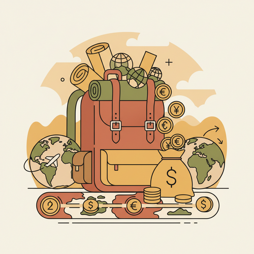 Illustration of a world map with coins and a backpack, symbolizing a realistic budget for a round-the-world trip.