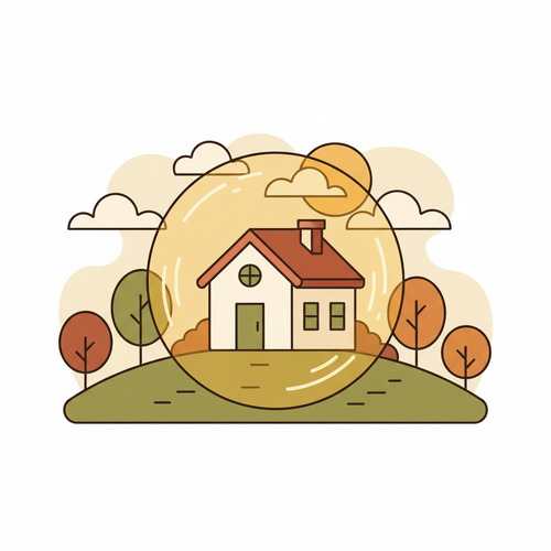 Flat design illustration of a house with a protective shield over it, representing successfully filing home insurance claims and safeguarding property.