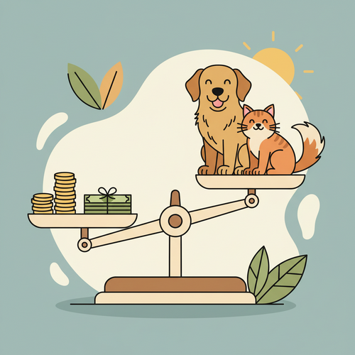 Illustration depicting the financial decision of pet insurance worth, showing a balanced scale with money on one side and pets on the other.