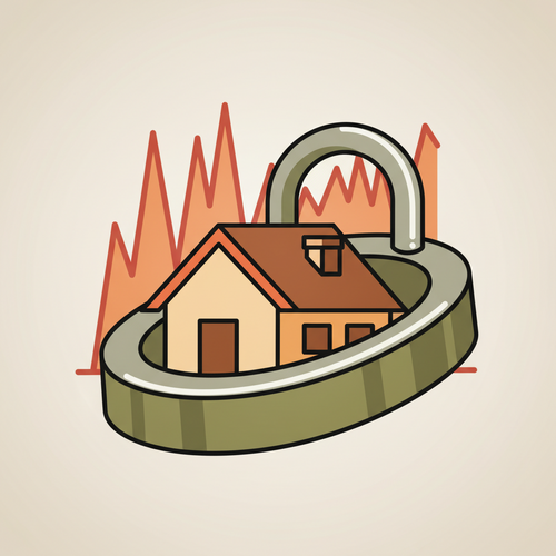 Flat design illustration showing a house secured by a large padlock, with a volatile financial graph in the background, representing the concept of locking in mortgage rates in uncertain markets.
