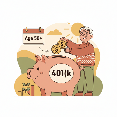 Flat design illustration of an older person smiling and adding funds to a 401(k) piggy bank, representing maximizing 401(k) catch-up contributions after age 50.