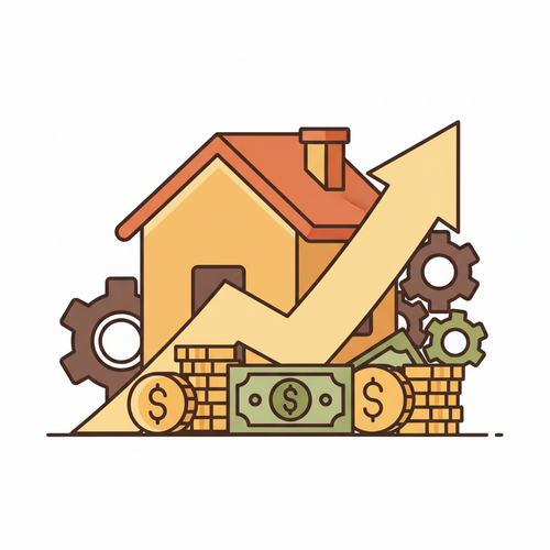 Illustration depicting Mortgage Trends 2026 with financial symbols and a house icon, representing expert forecasts for the housing market and interest rates.