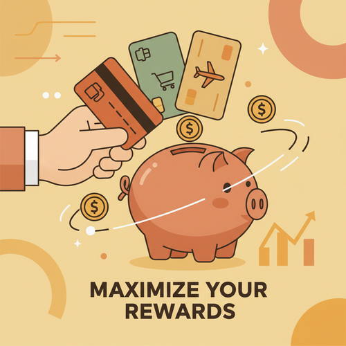 Illustration of rotating category cards helping maximize 5% cash back rewards into a piggy bank.
