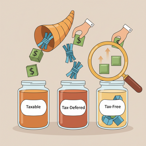 Illustration of asset location strategies, showing investments being sorted into taxable, tax-deferred, and tax-free accounts to optimize tax efficiency for beginners.